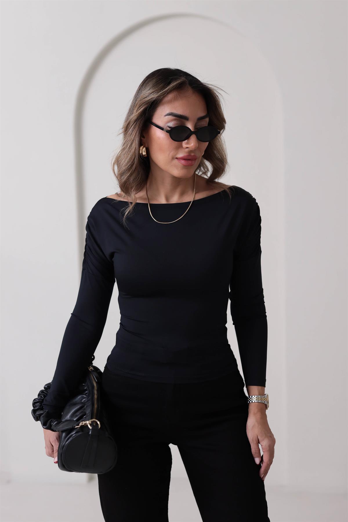 Kayık Yaka Kol Drapeli Sandy Bluz SİYAH