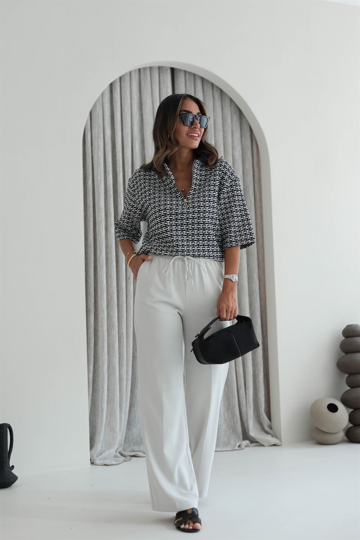 6054 Kemeri Lastikli Dokuma Kumaş Pantolon TAŞ