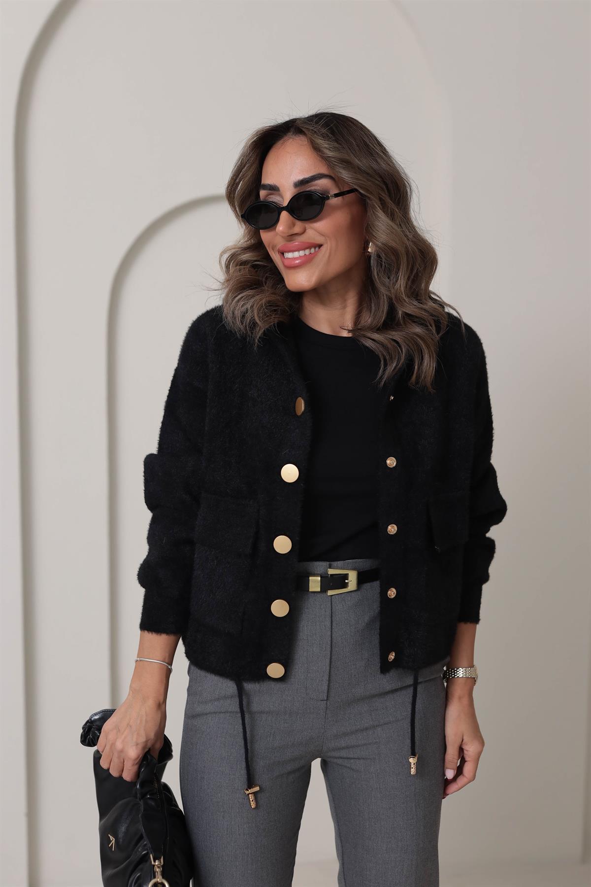 4944 Angora Kapşonlu Gold Düğmeli Hırka SİYAH