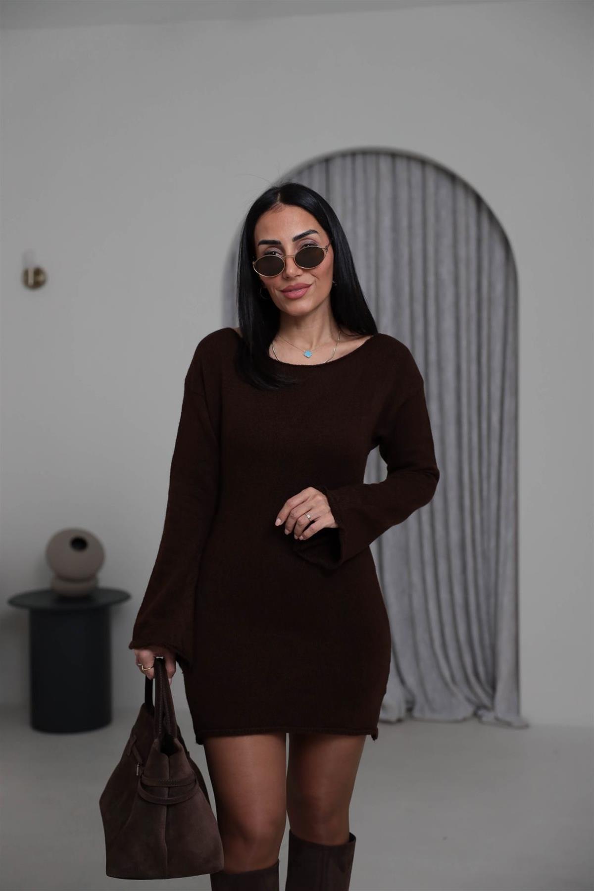 5251 Kayık Yaka Şallı Tunik KAHVE