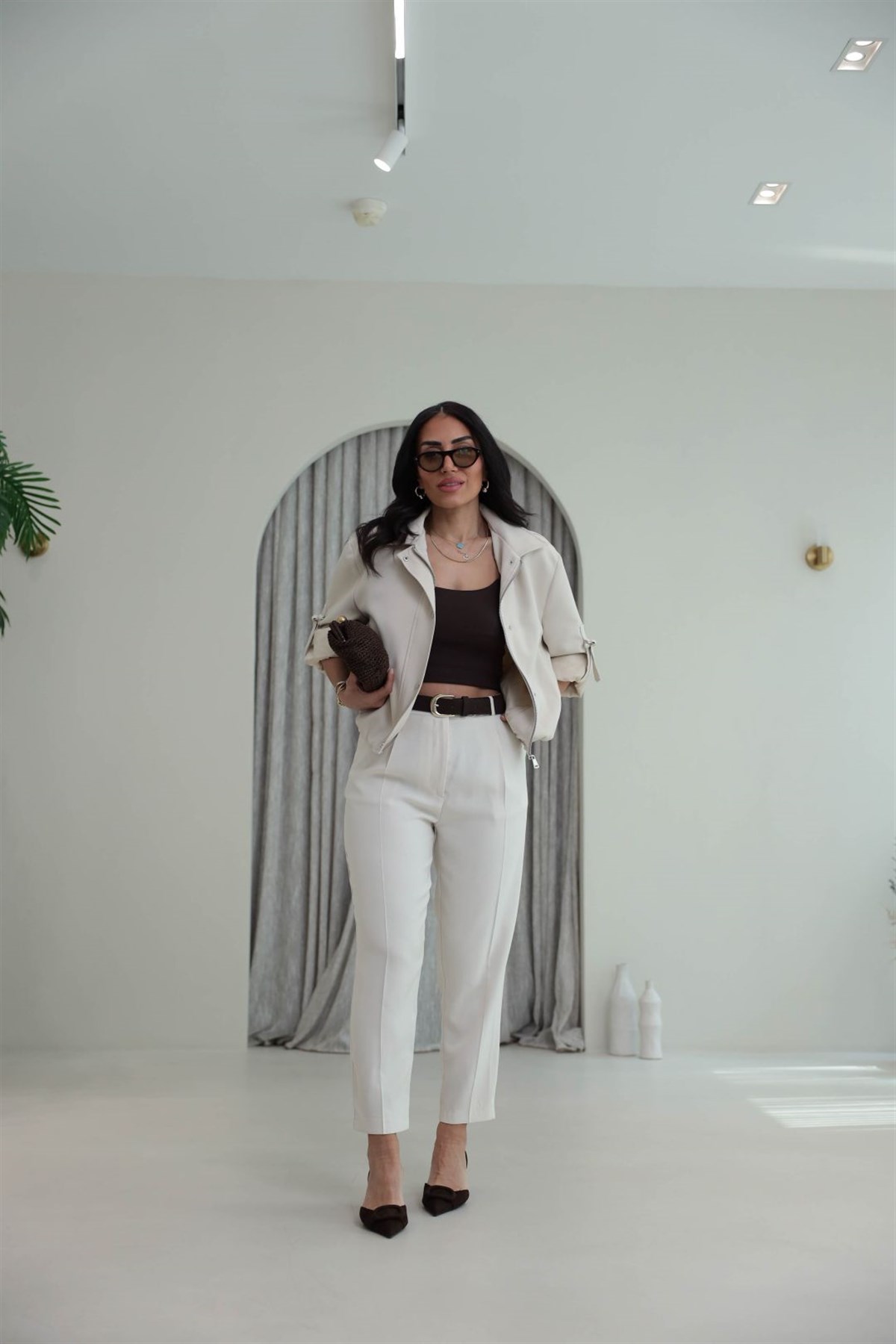 7544 Kemer Detaylı Tencel Kumaş Smart Pantolon KREM