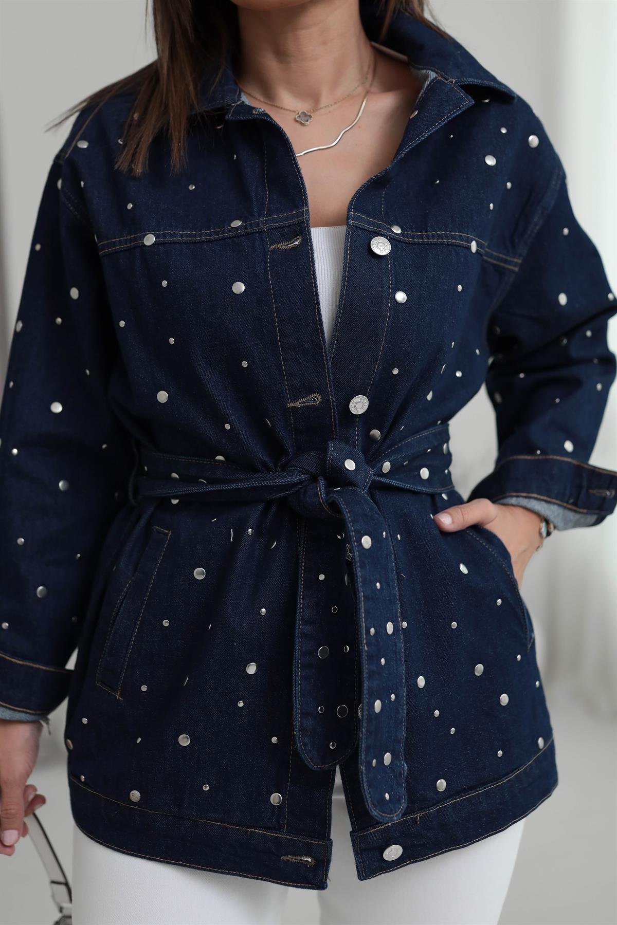 5808 Bel Kuşaklı Droplu Jean Ceket KOYU LACİ