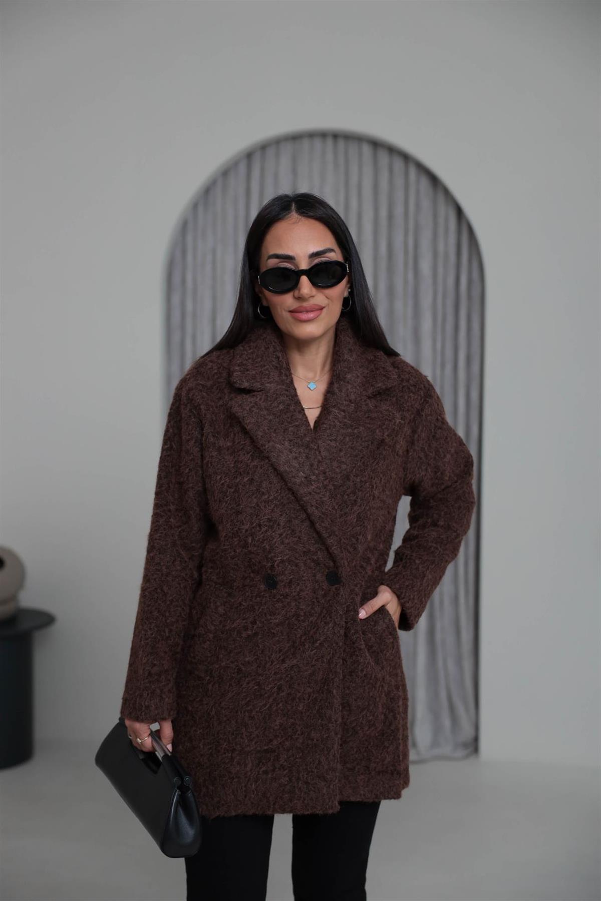 9699 Çift Düğmeli Buklet Kaban KAHVE