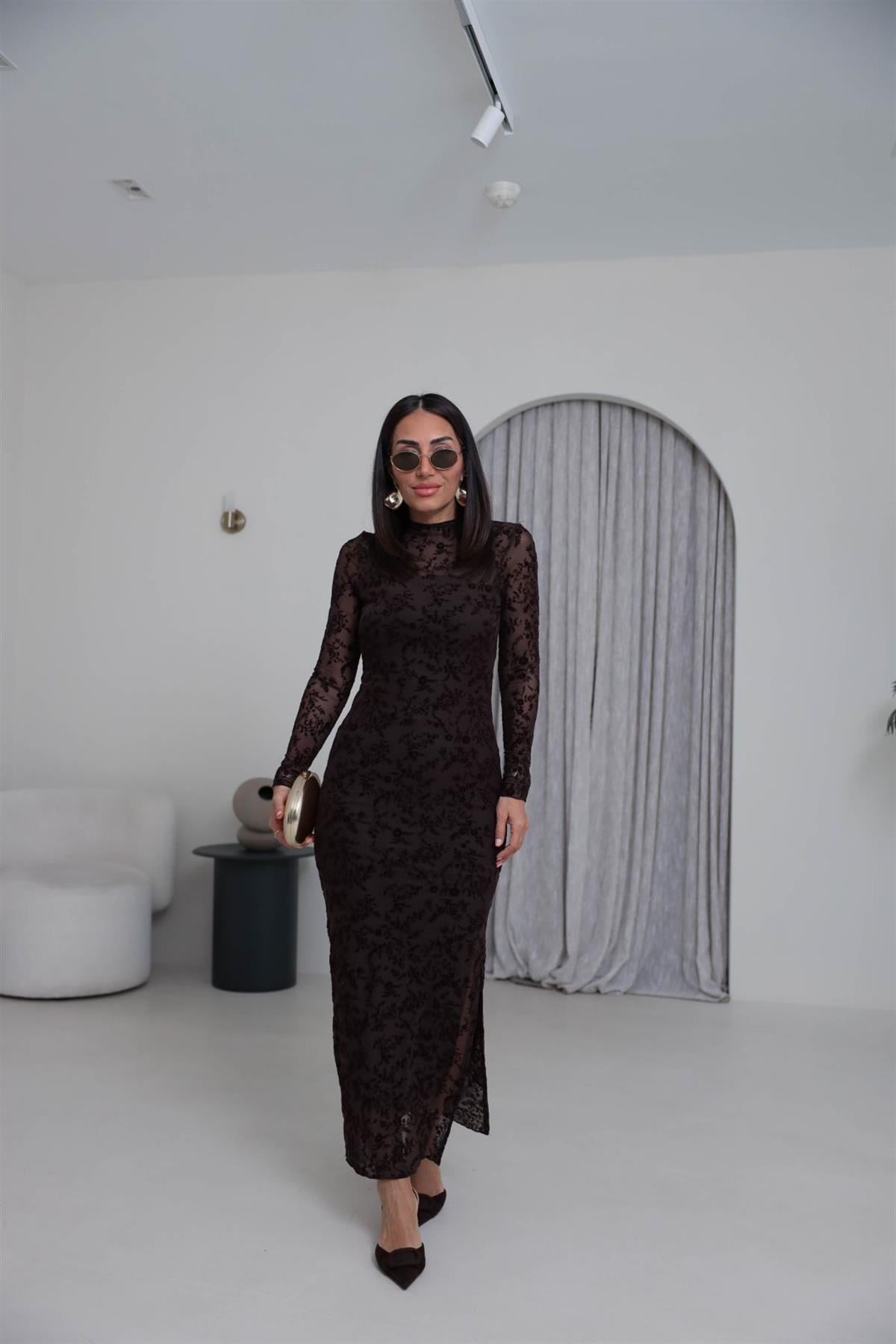 1164 Flok Baskılı Yırtmaçlı Maxi Boy Tül Elbise ACI KAHVE