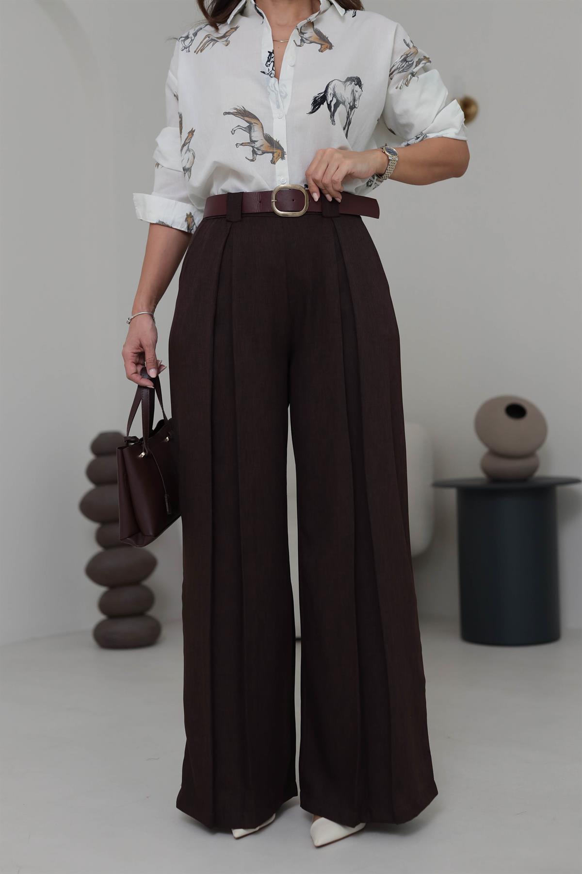 2569 Arka Bel Lastikli Kemerli Palazzo Pantolon ACI KAHVE