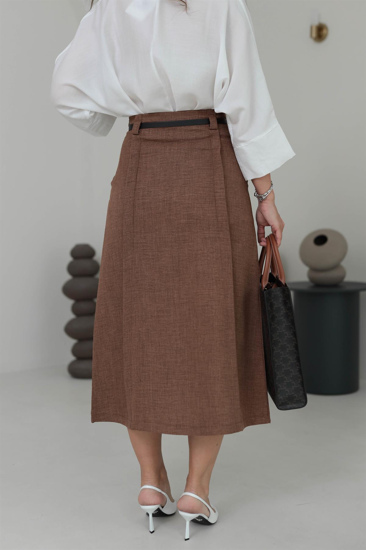 0268 Yırtmaç Detaylı Kemerli Midi Boy Etek KAHVE