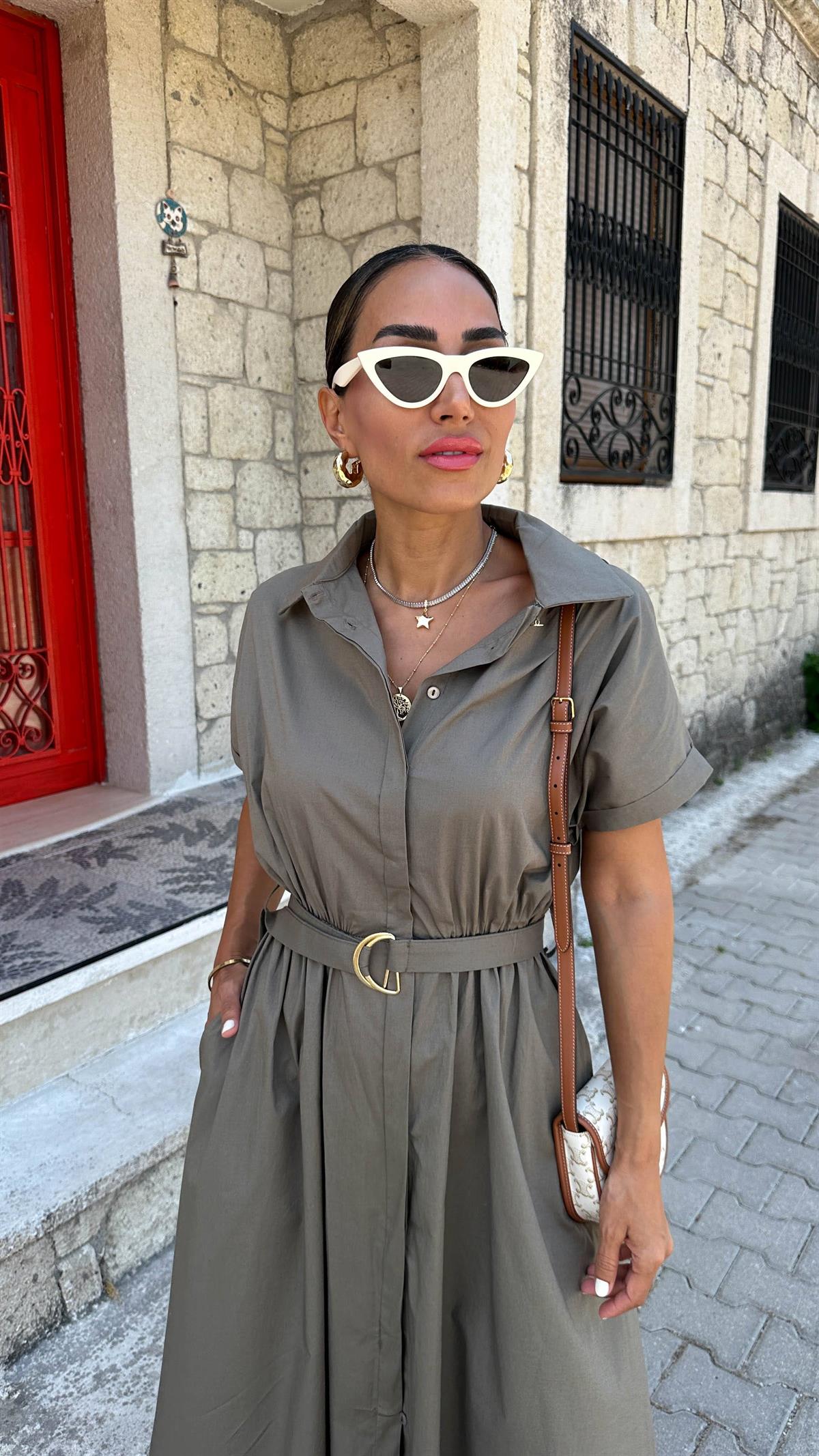 9679 Kemerli Kısa Kol Gömlek Elbise