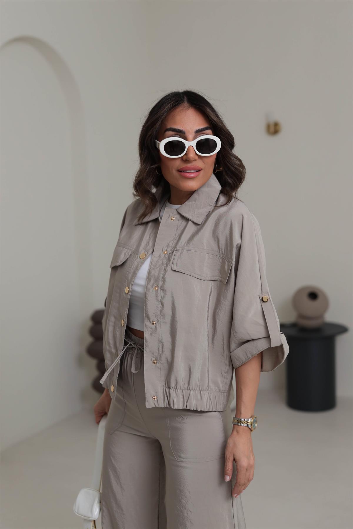 7013 Gold Düğme Detaylı Mevsimlik Ceket OLİVE