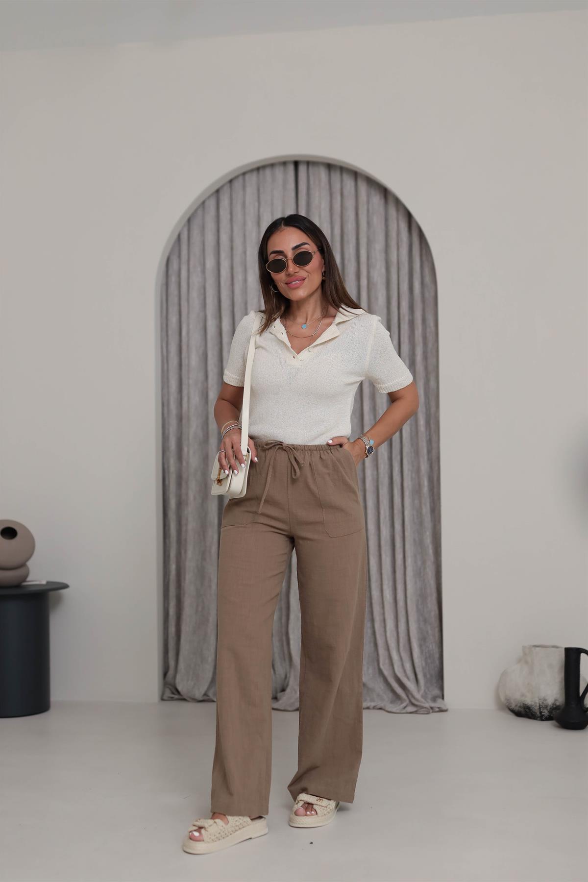 1646 Keten Kordonlu Pantolon CAMEL