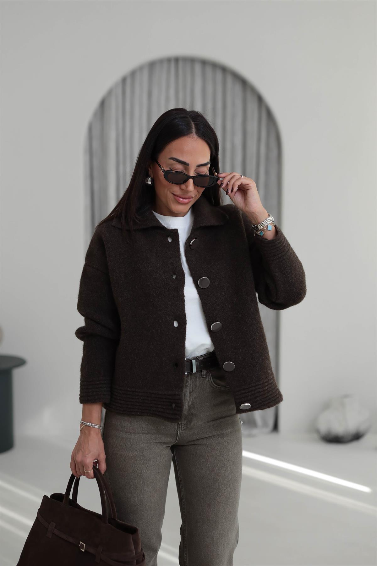 5086 Büyük Düğmeli Polo Yaka Hırka Ceket ACI KAHVE