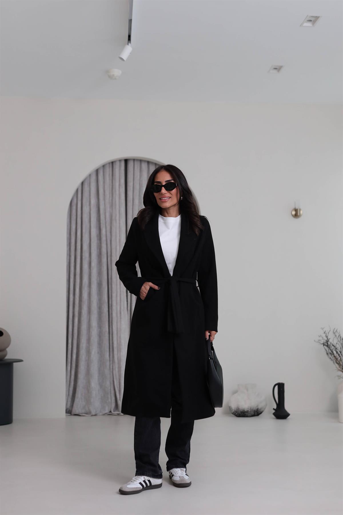 2173 Kuşaklı Kaşe Ceket SİYAH