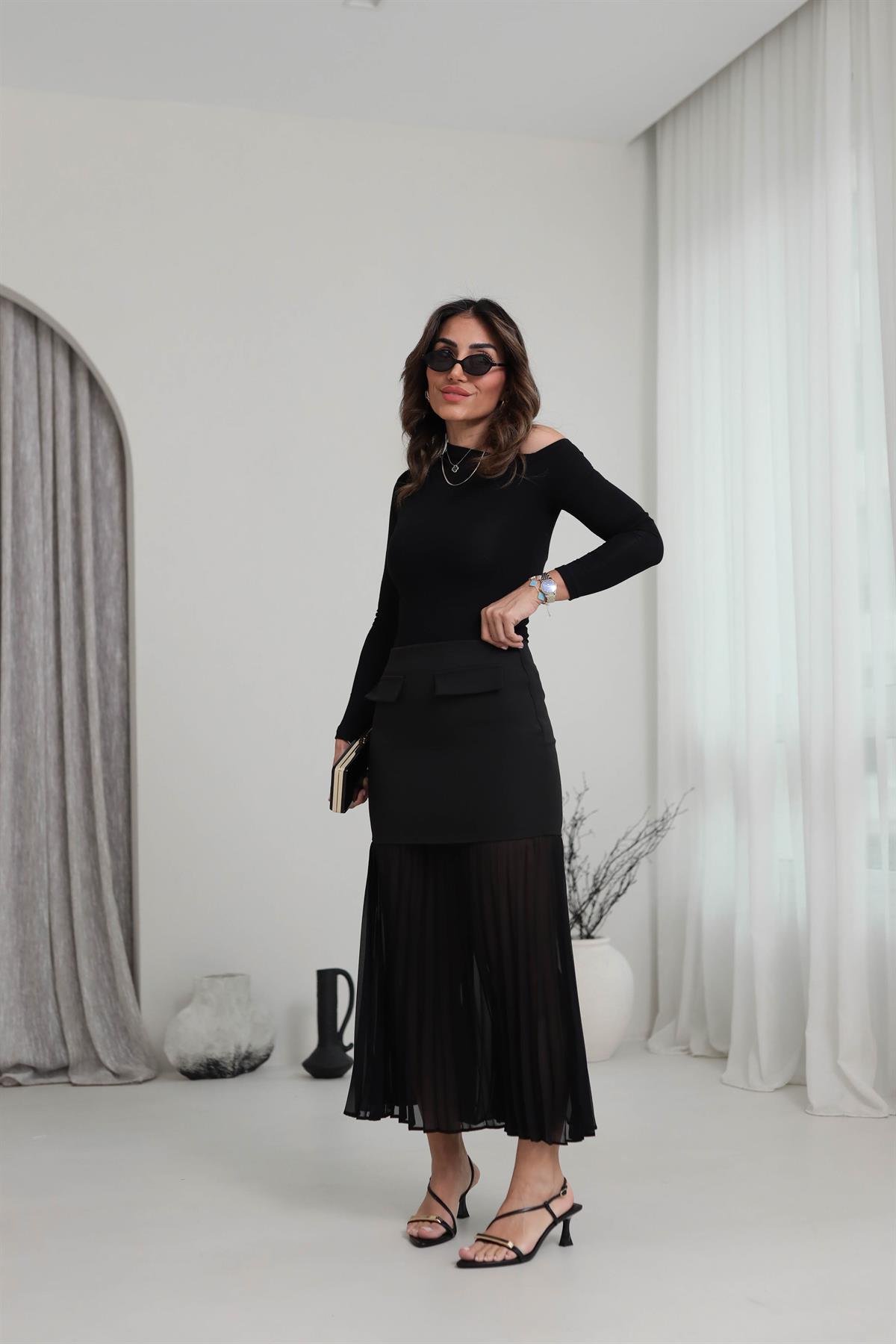 7034 Altı Şifon piliseli Etek SİYAH