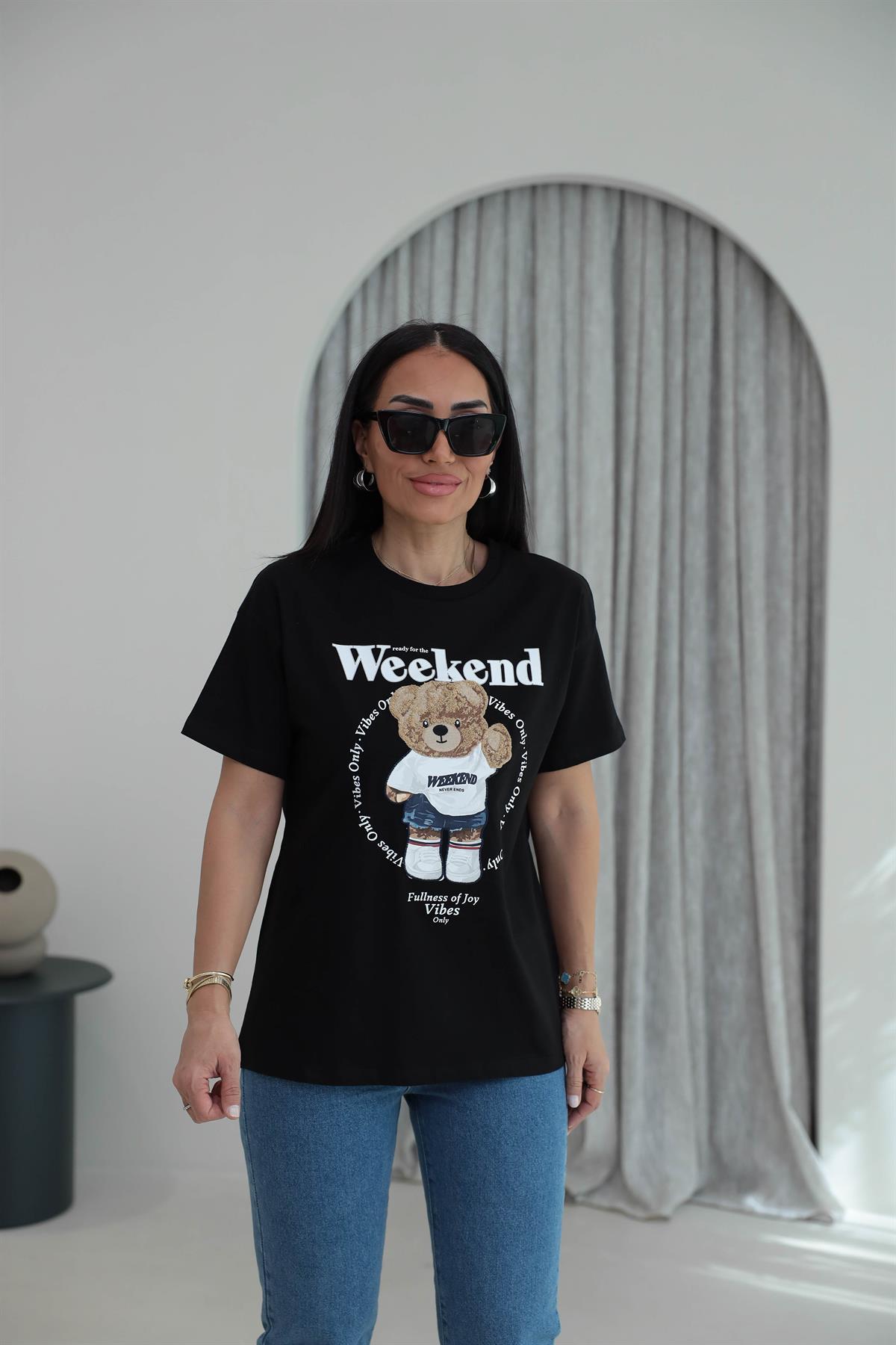 7514 Bisiklet Yaka Teddy Aplikeli Tshirt SİYAH