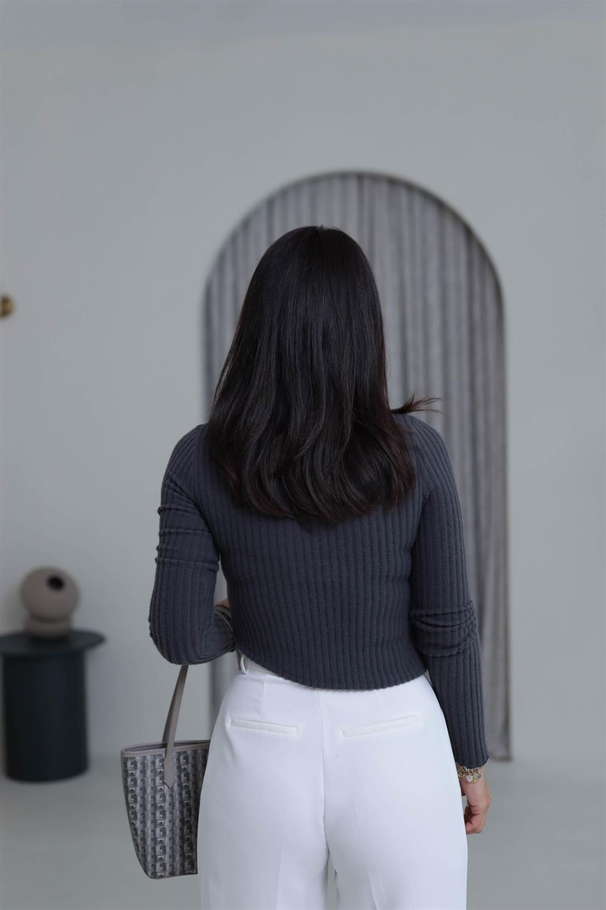 2074 Fitilli Triko Gold Düğmeli Hırka ANTRASİT