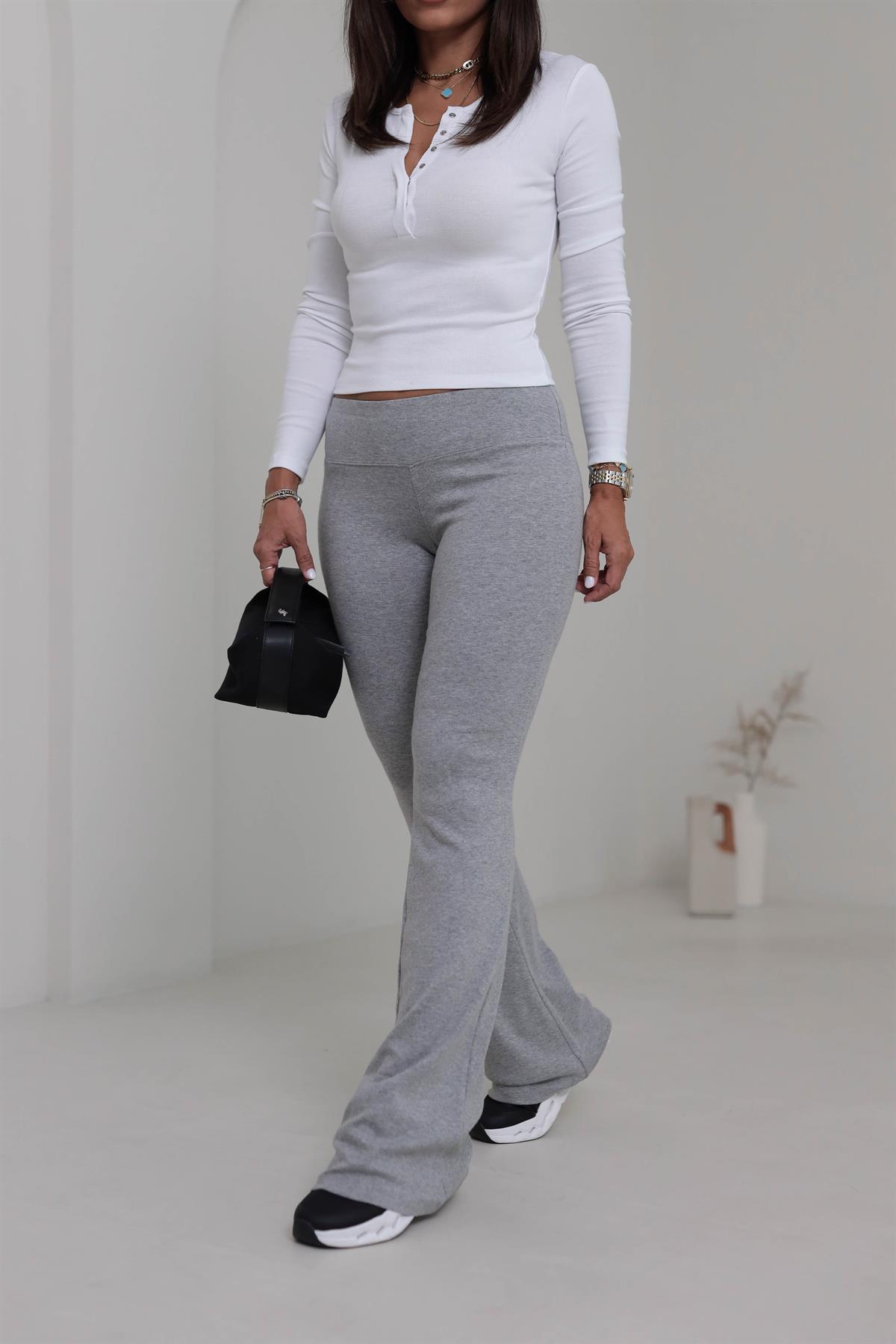 7064 Geniş Kemerli İspanyol Paça Flare Pantolon GRİ