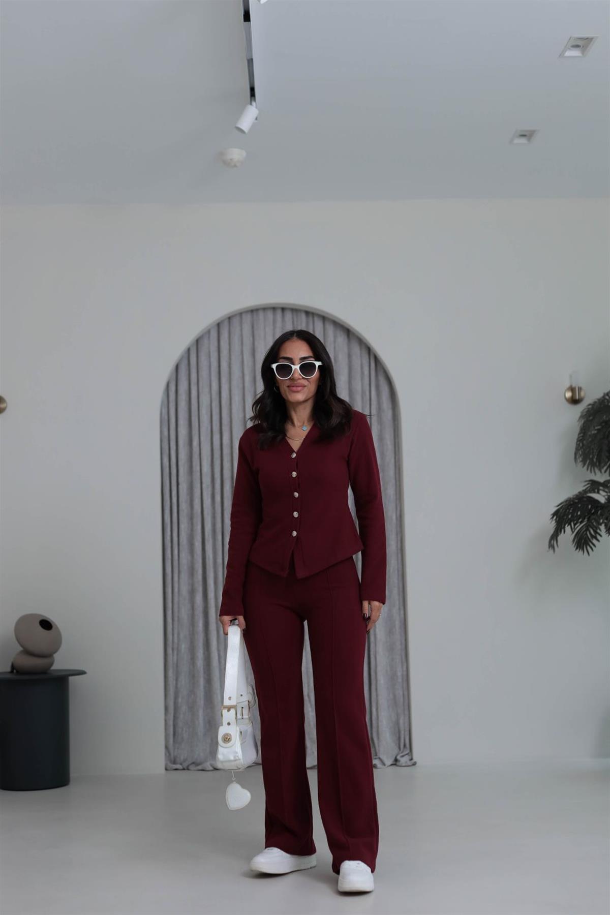 Gold Düğmeli V Yaka Selanik Hırka Takım BORDO