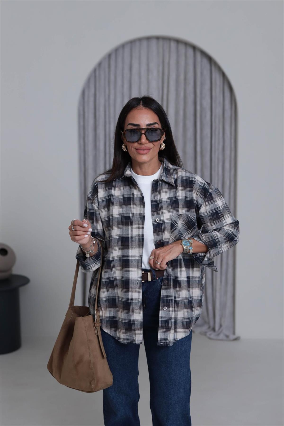 0146 Ekose Desen Oversize Gömlek KAHVE