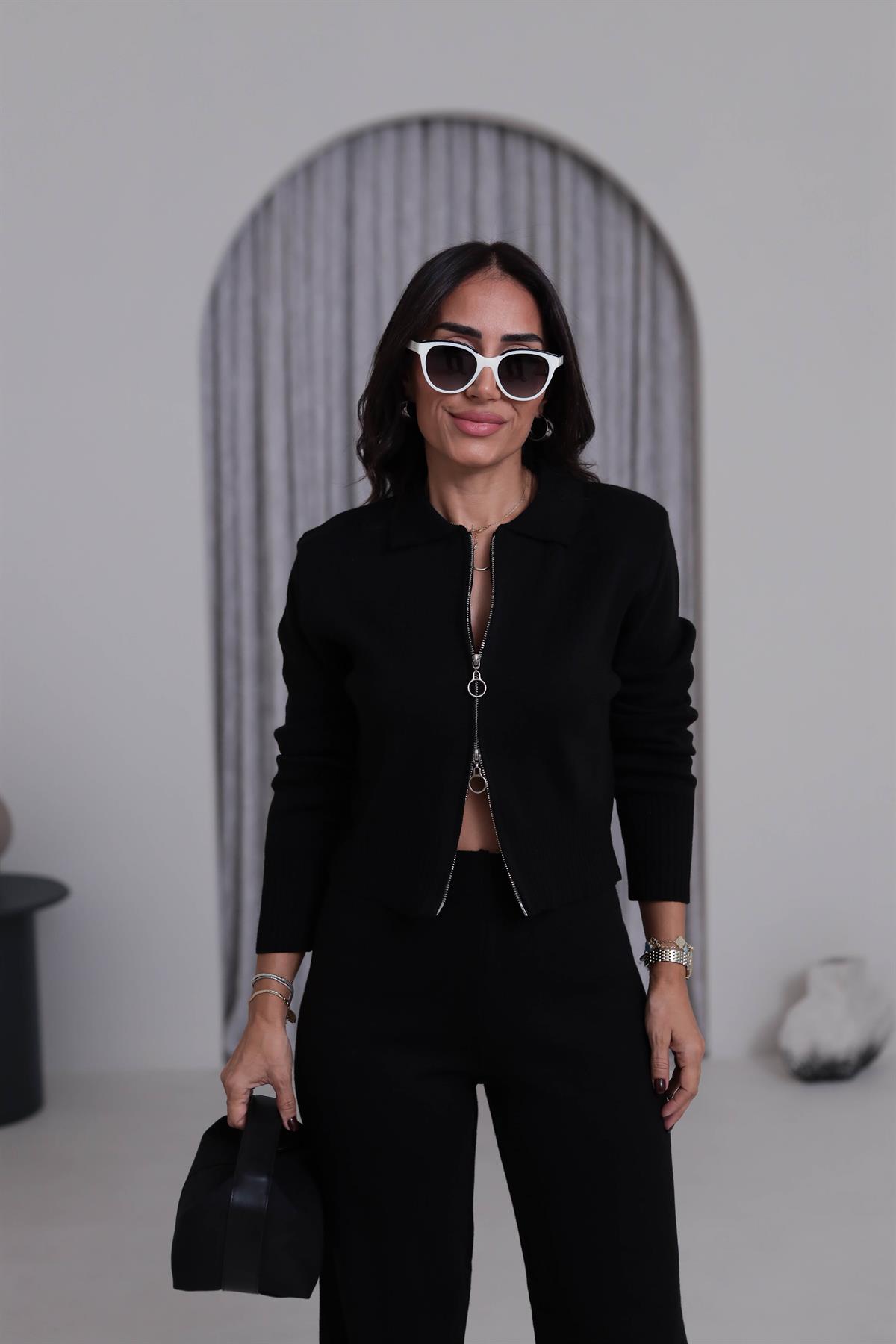 0063 Çift Yön Fermuarlı Polo Yaka Triko Takım SİYAH