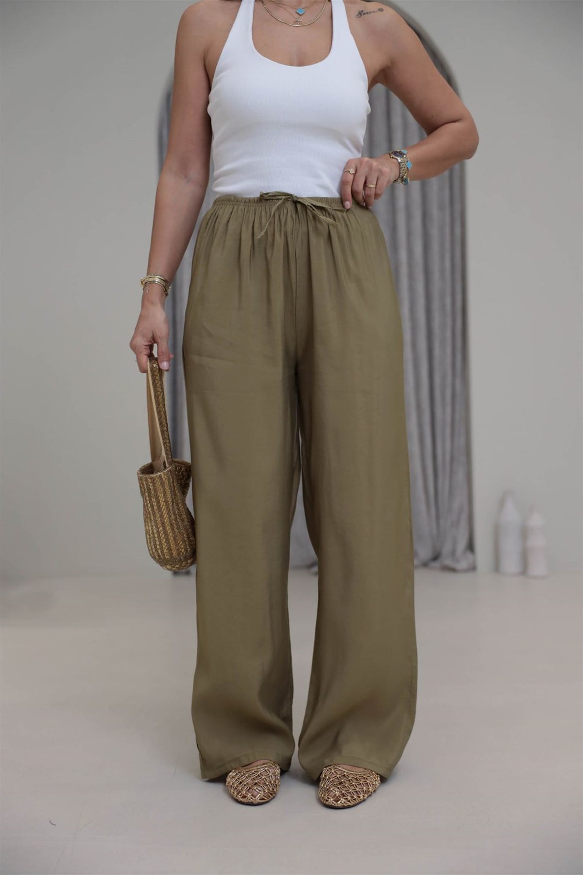 9819 Beli Bağcıklı Cupra Pantolon HAKİ YEŞİL