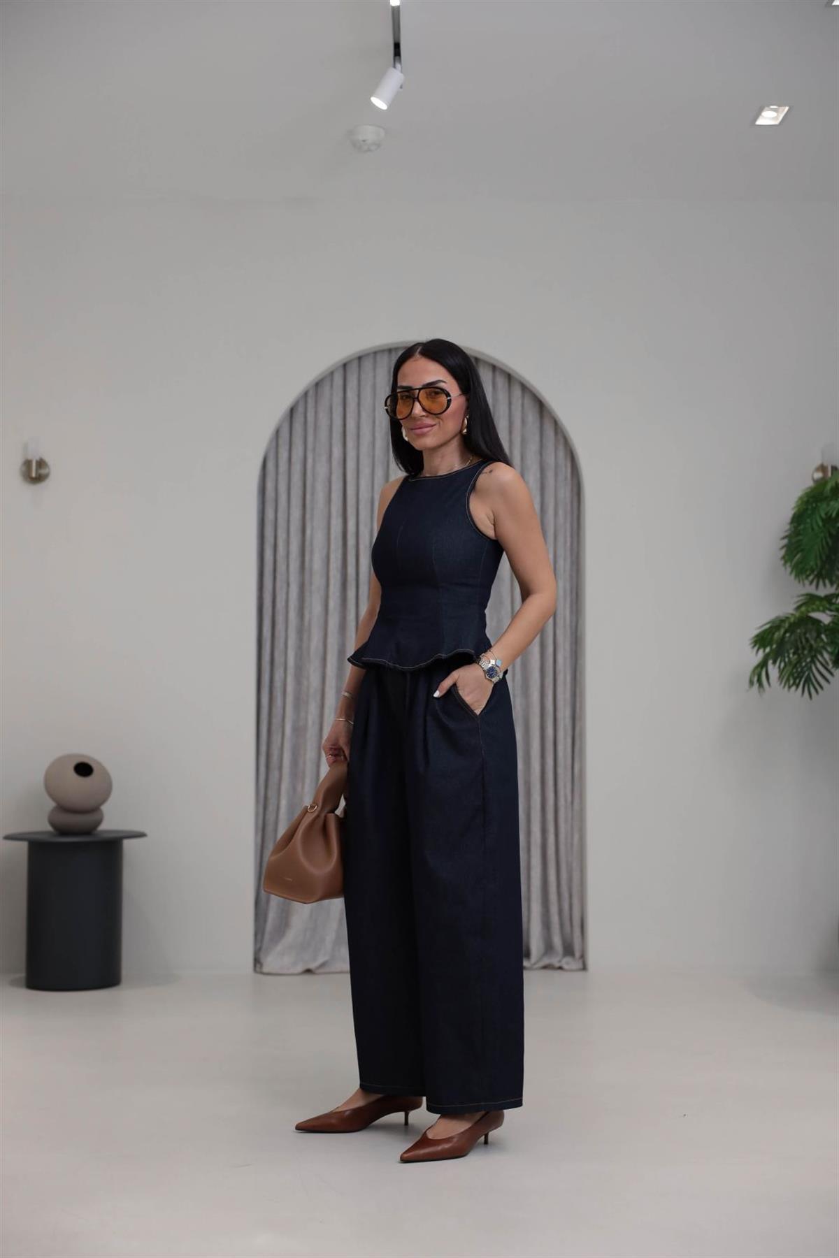 1584 Sıfır Kol Peplum Denim Takım LACİVERT