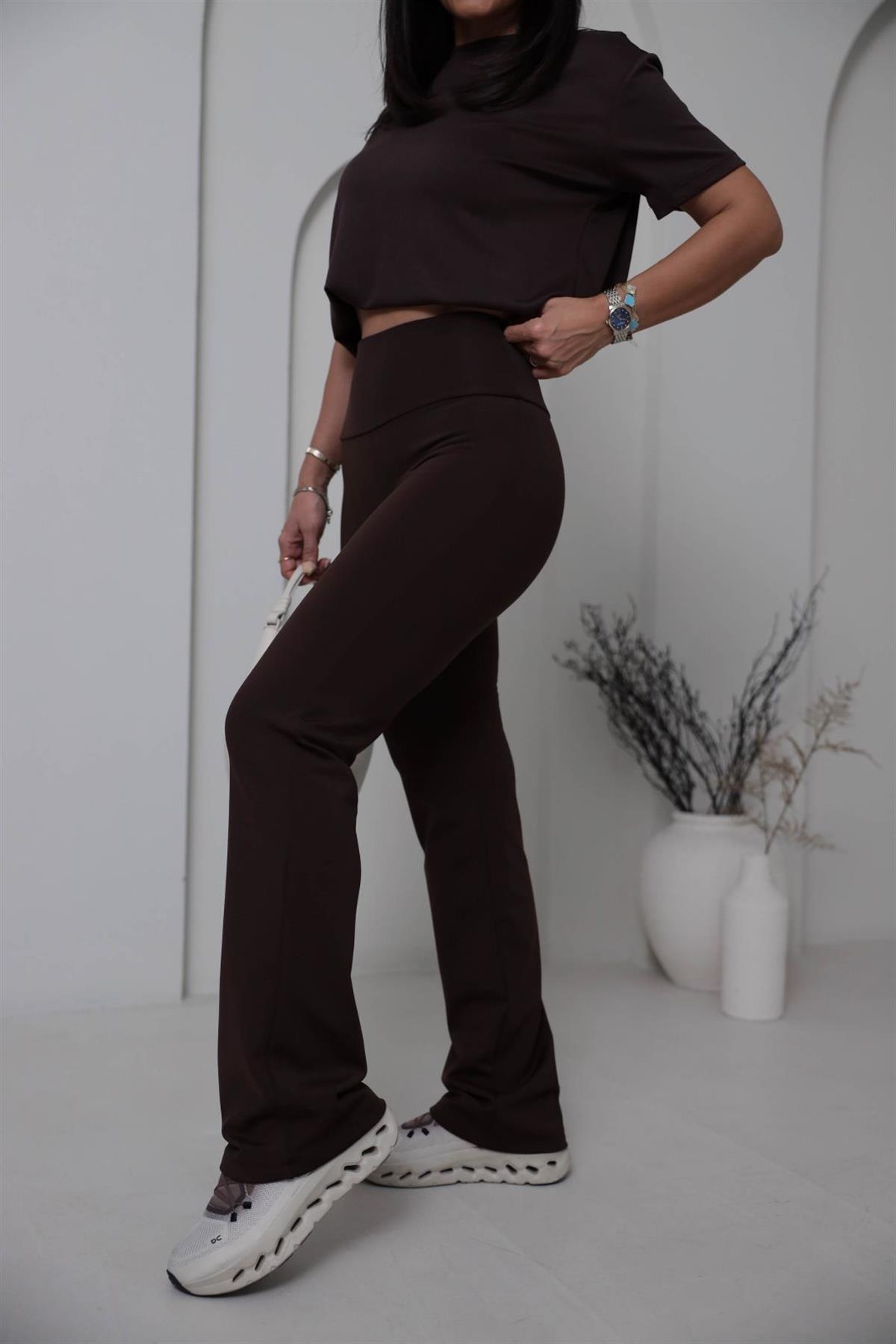 8515 Oys Şardonlu Flare Pantolon ACI KAHVE