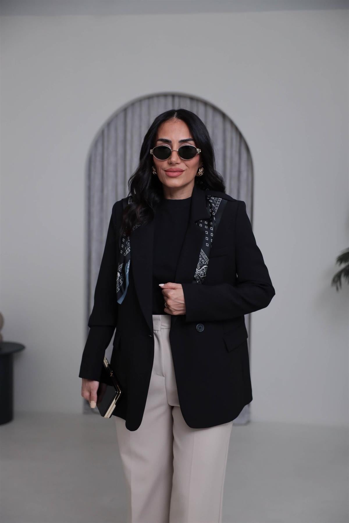 7665 Fular Detaylı Blazer Ceket SİYAH