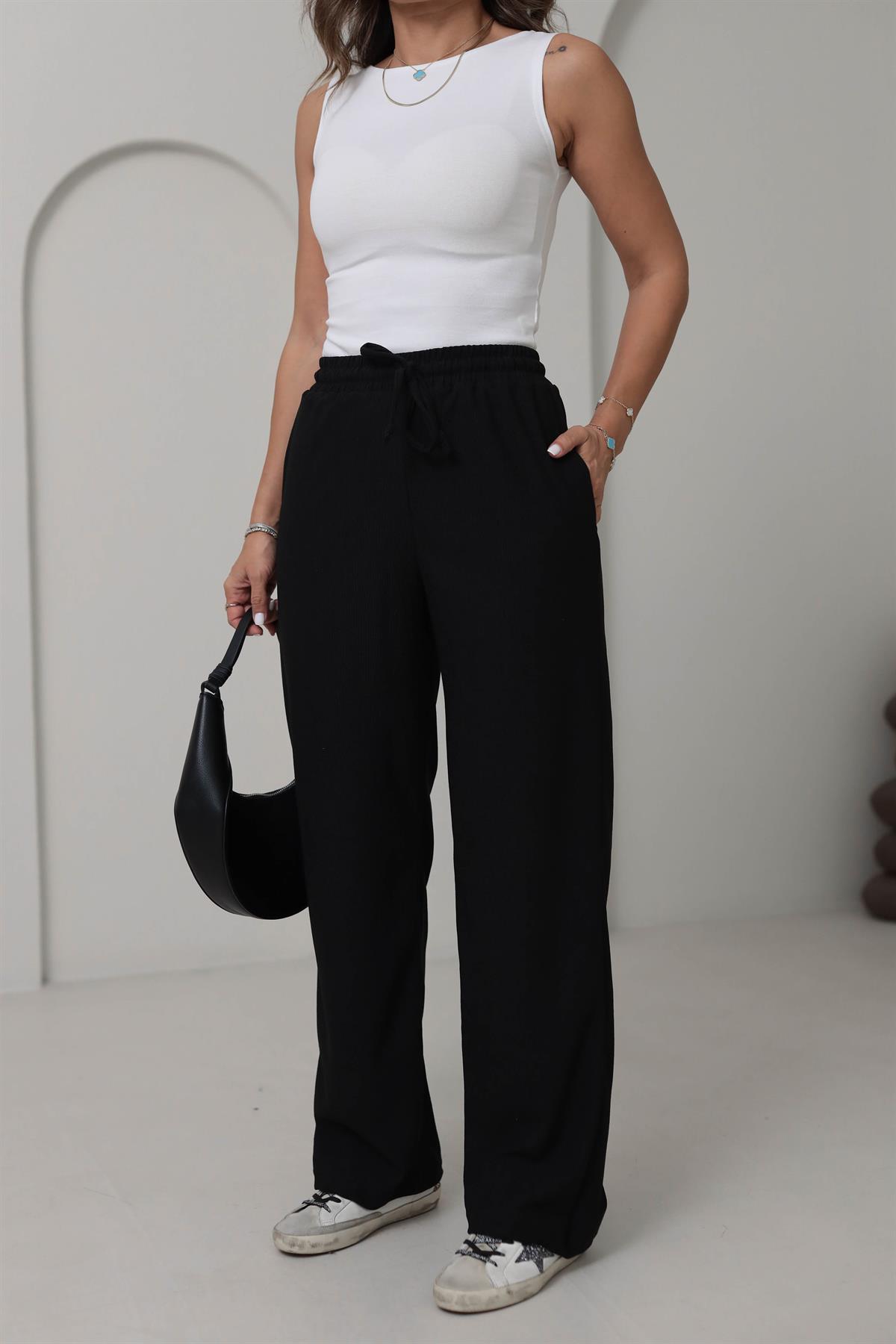 0104 Bol Paça Beli Lastikli Örme Pantolon SİYAH