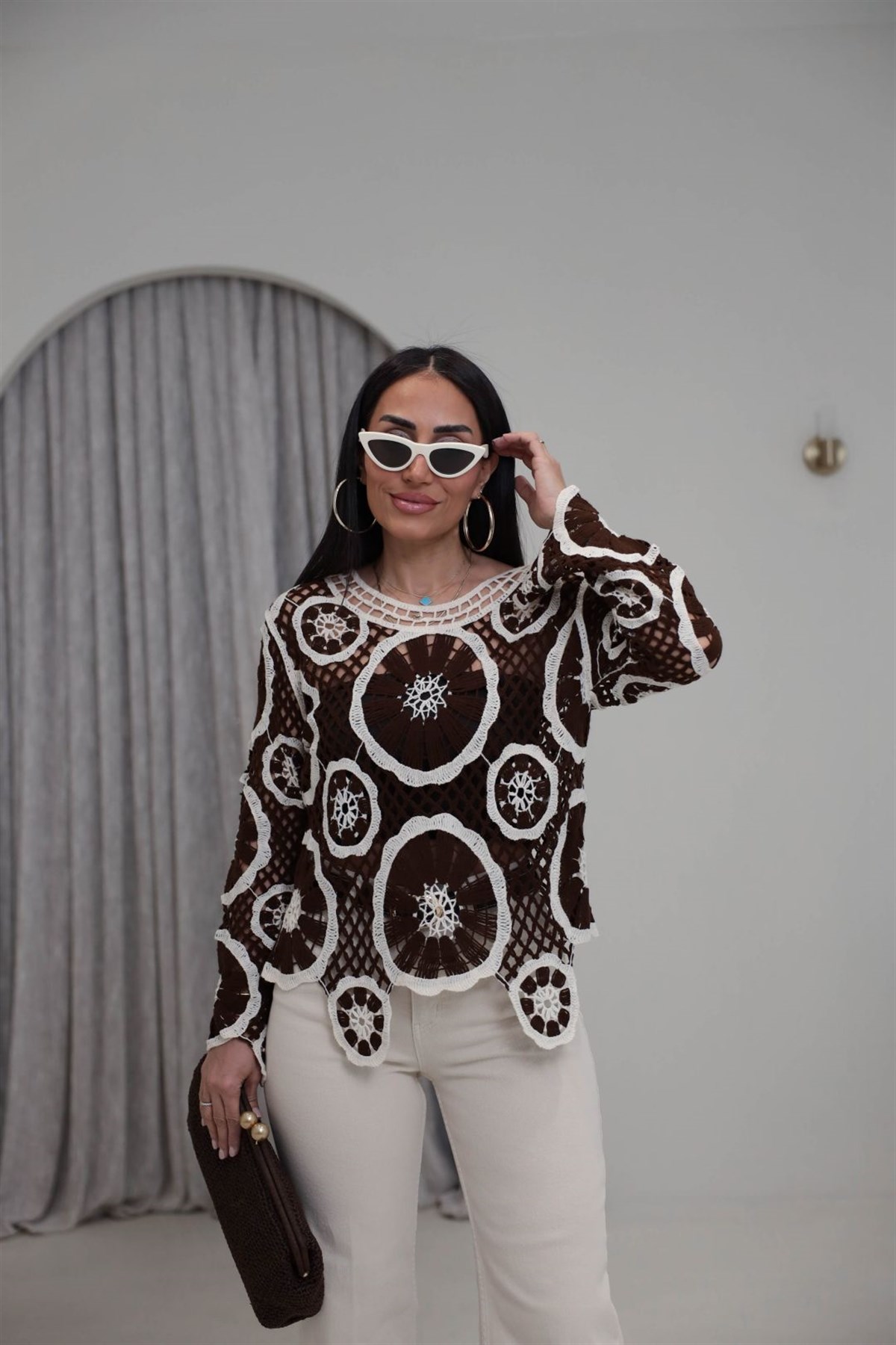 4087 Desenli Örme Yazlık Triko KAHVE