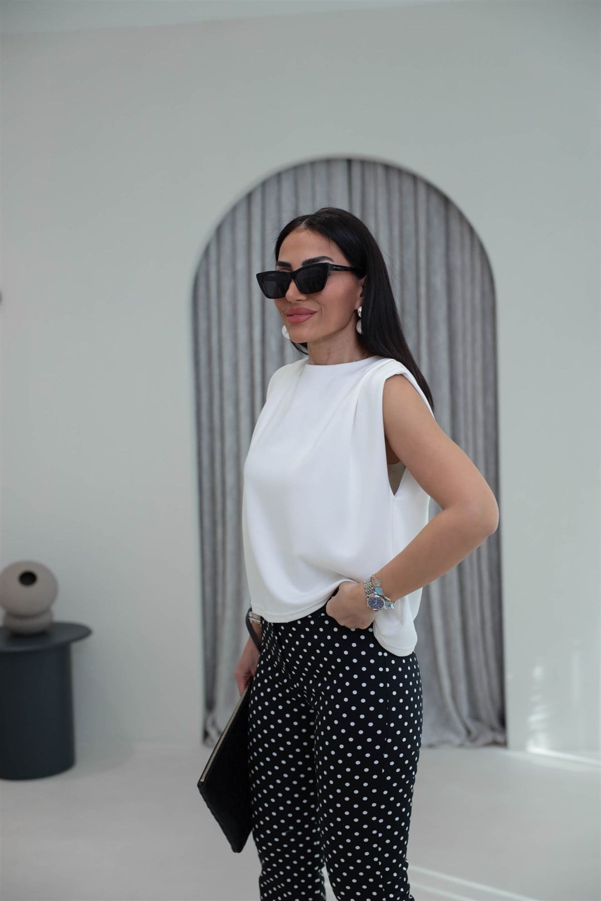 1376 Bisiklet Yaka Omzu Pileli Bluz EKRU