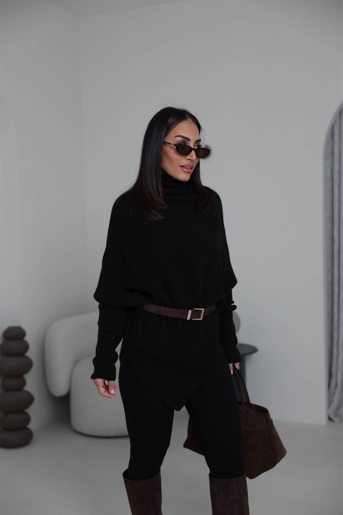 2574 Balıkçı Yaka Asimetrik Triko Kazak ACI KAHVE