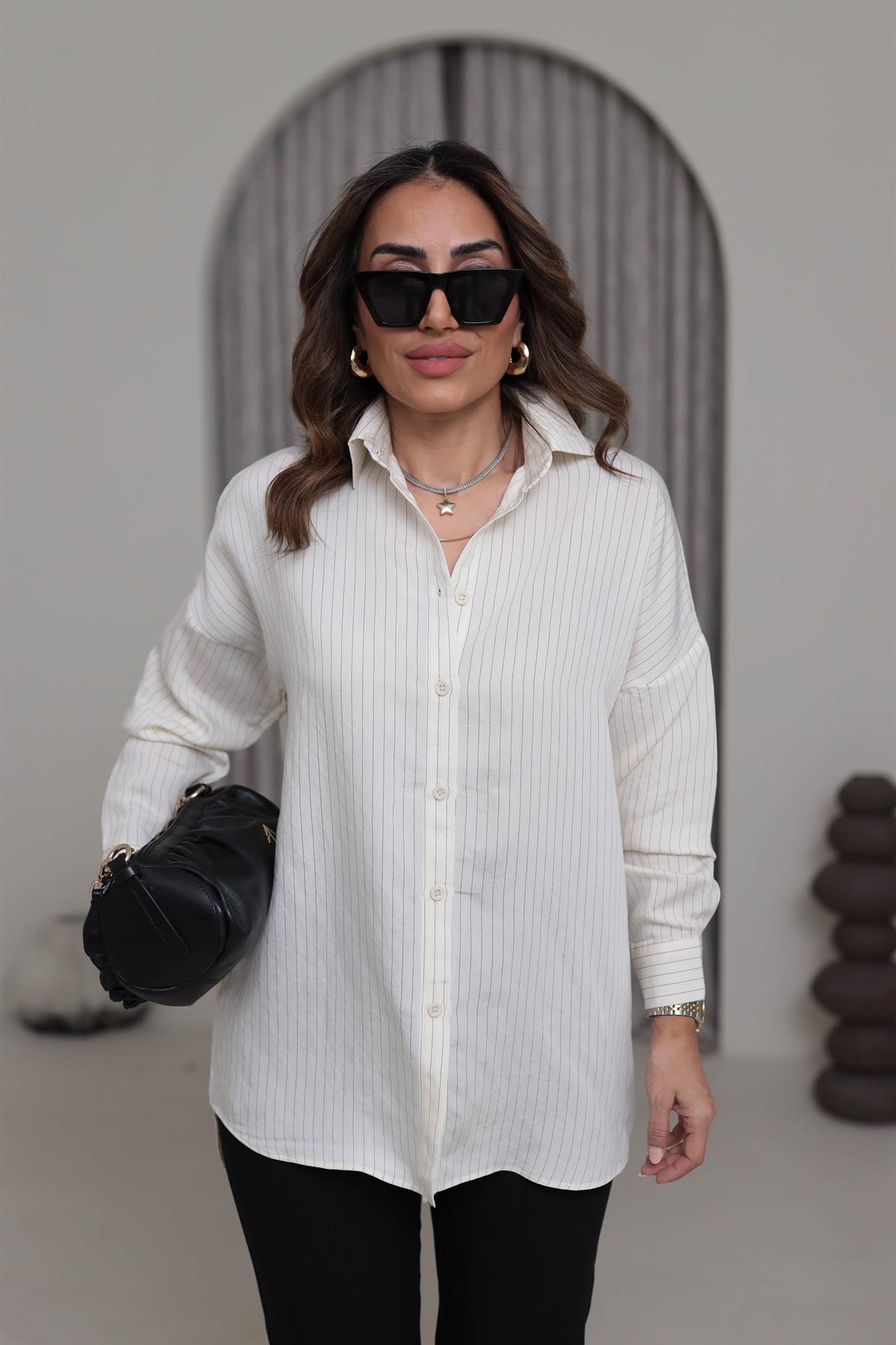 020 Çizgili Tencel Gömlek KREM