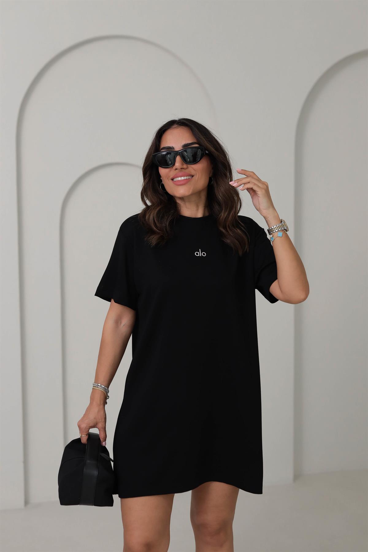 1570 Baskılı Modal Kumaş Rahat Kalıp Elbise SİYAH