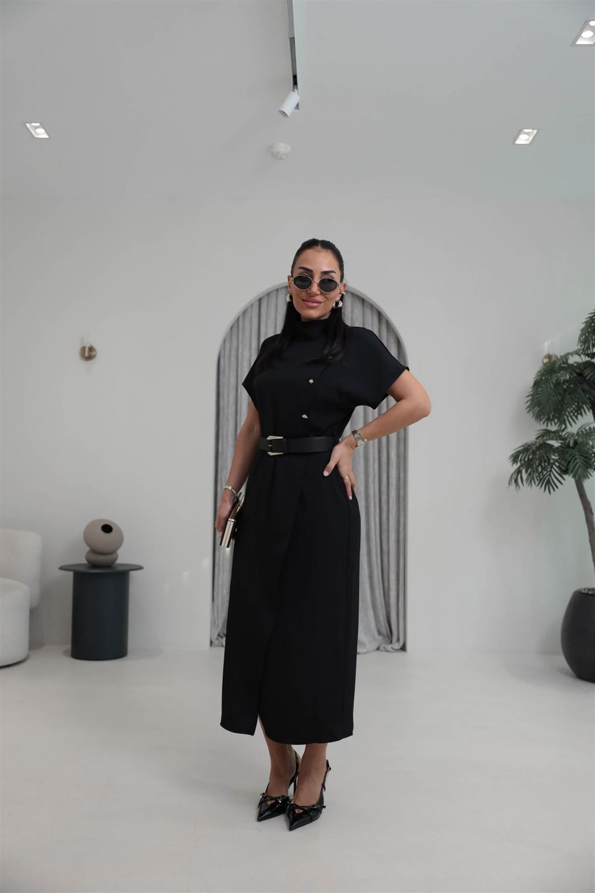 7045 Hakim Yaka Düğme Ve Kemerli Linda Elbise SİYAH