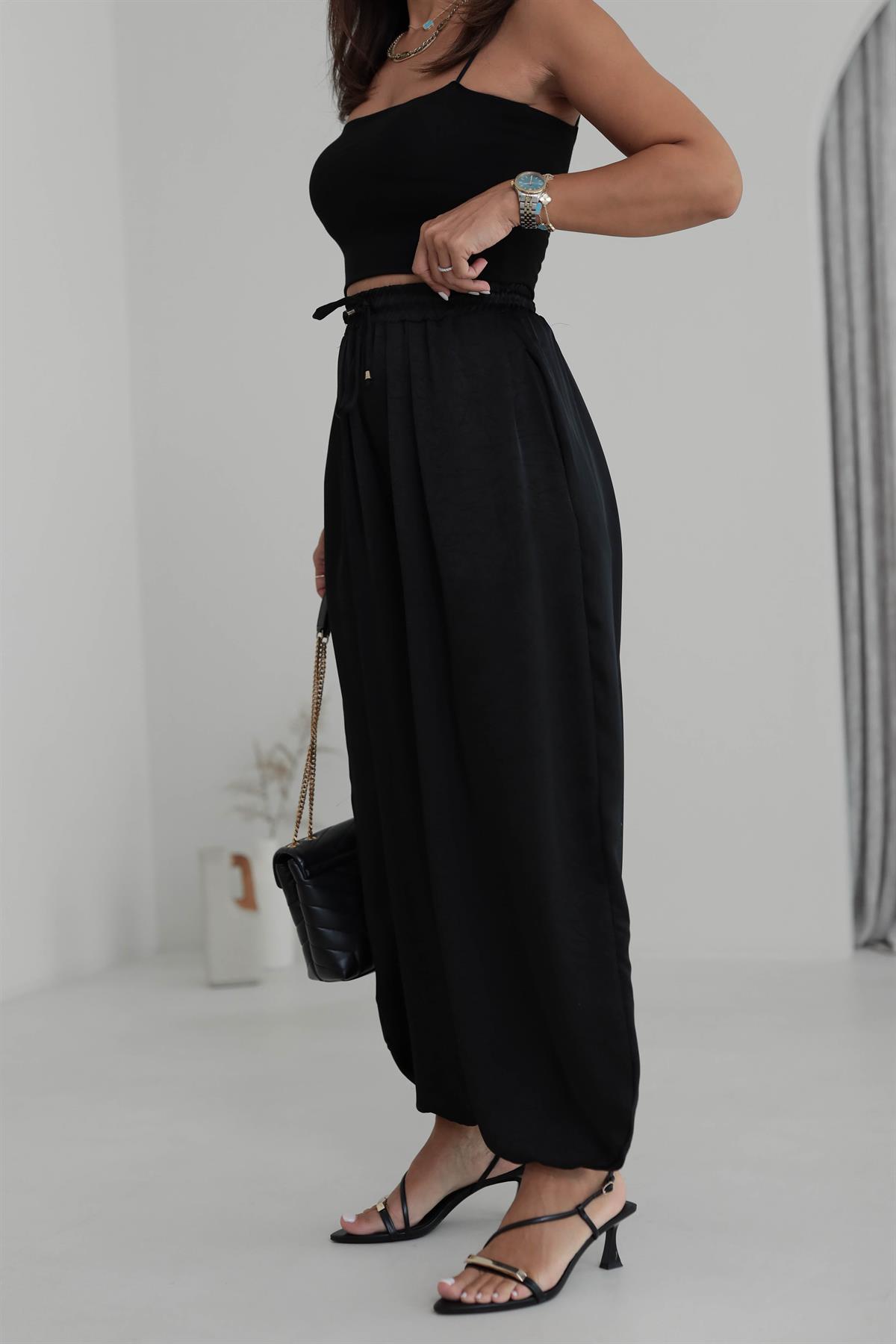 1199 Kendinden Desenli Saten Şalvar Pantolon SİYAH