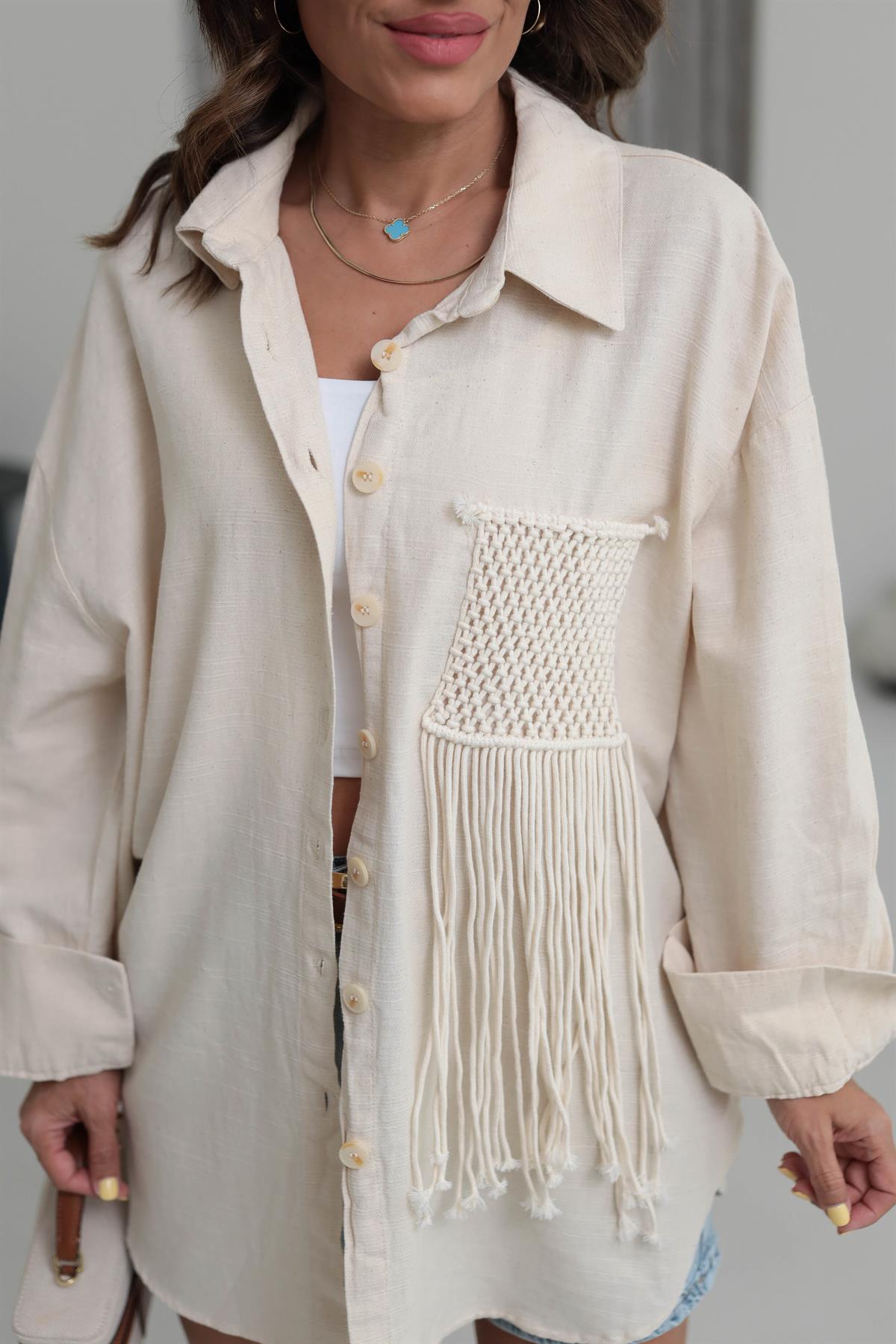 4763 Püskül Dokuma Detay Keten Gömlek TAŞ