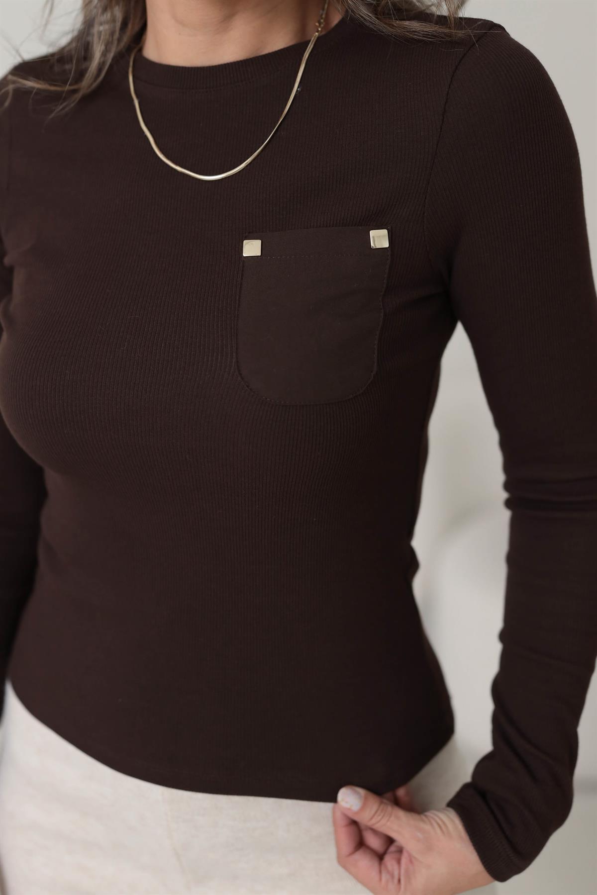 6497 Cebi Gold Detaylı Bluz KAHVE