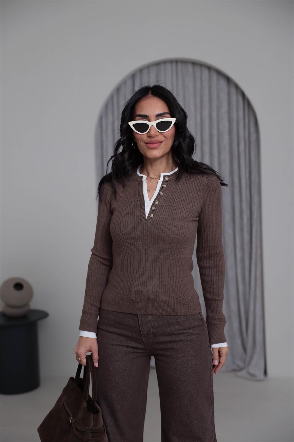 T104 Çift Yaka Yarım Düğmeli Fitilli Kazak KAHVE