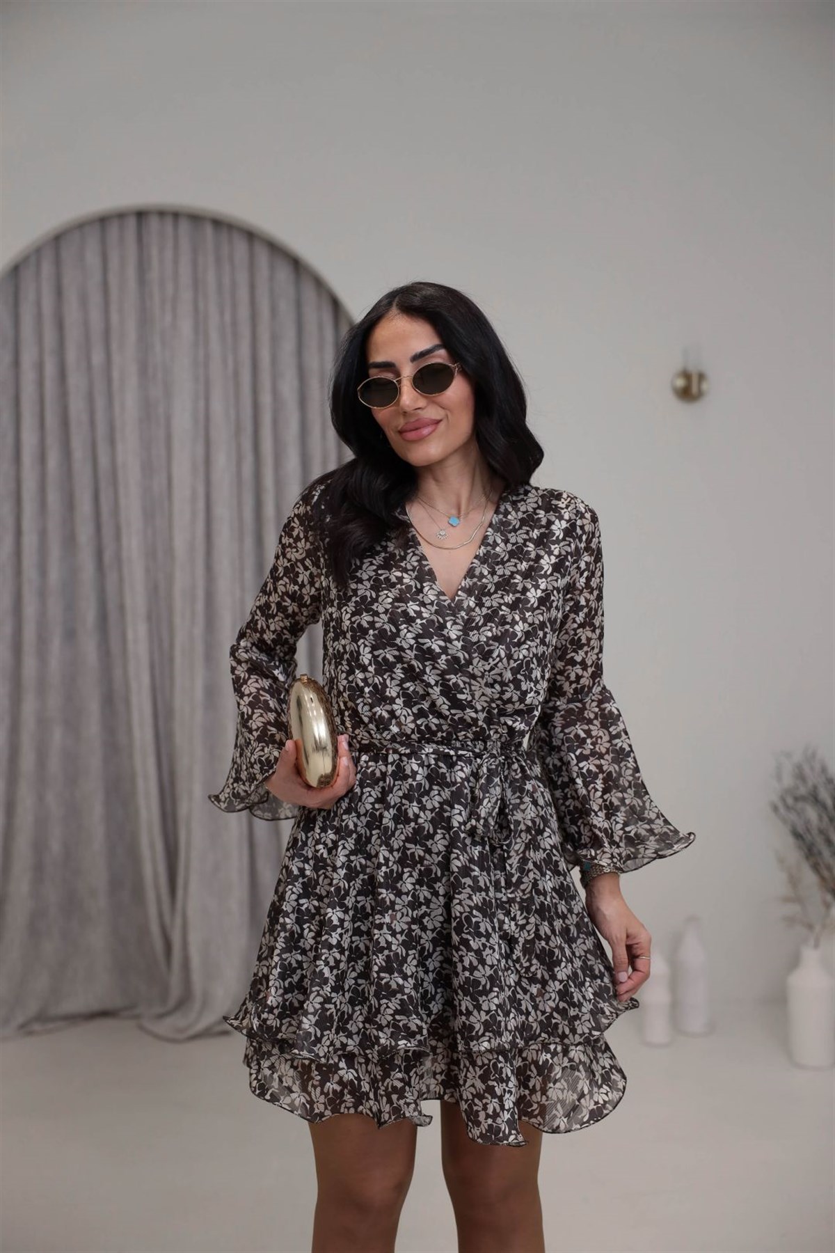 9279 Kruvaze Çiçekli Elbise KAHVE