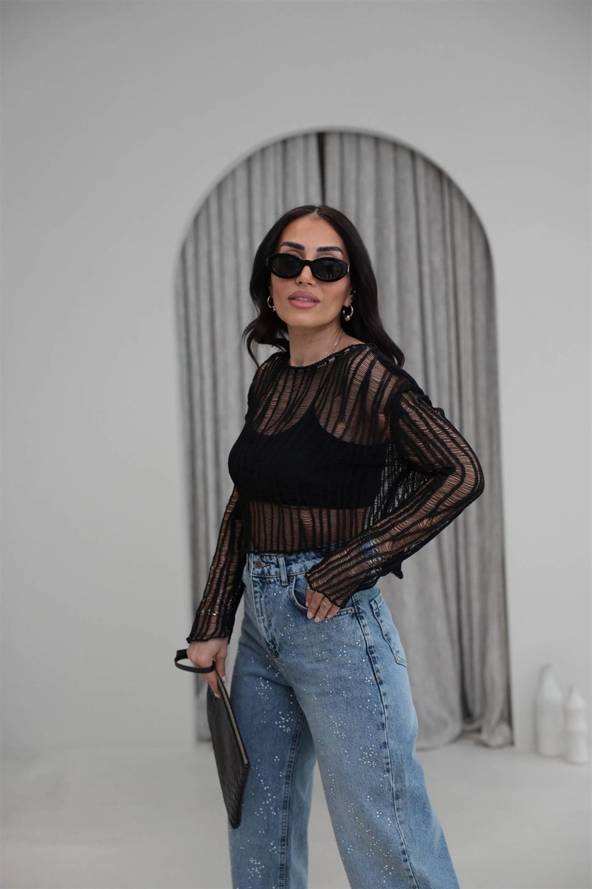 4490 Ajurlu Geniş Yaka Triko Bluz SİYAH