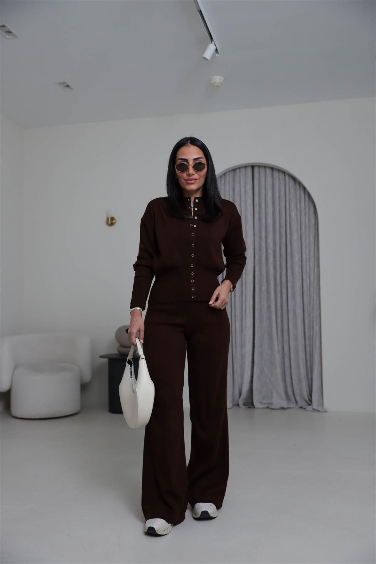 0129 Bisiklet Yaka Çıtçıt Detaylı Triko Takım KAHVE