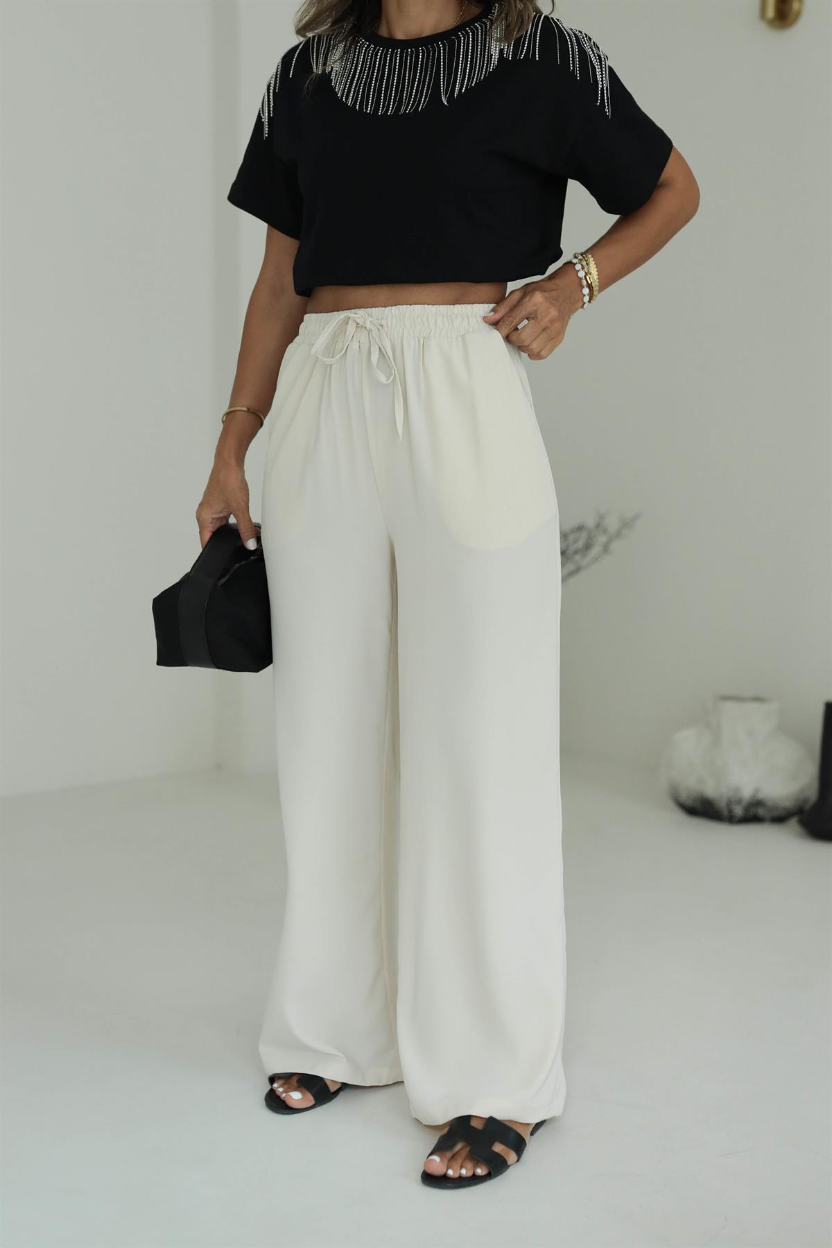 8779 Beli Lastikli Bol Paça Pantolon TAŞ