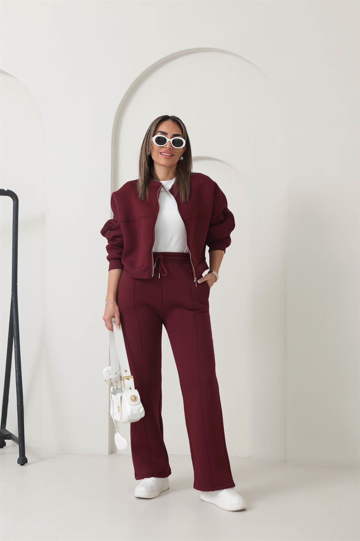 Fermuarlı Çimalı 3iplik Şardonlu Takım BORDO