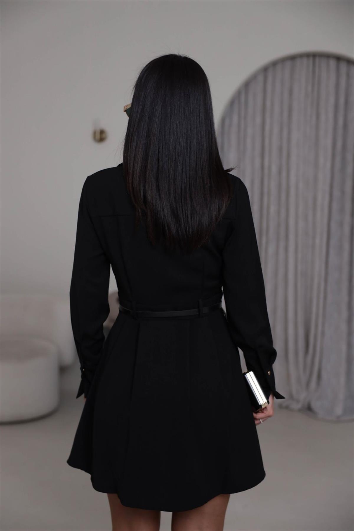 8271 Pensli İnce Kemerli Gömlek Yaka Elbise SİYAH