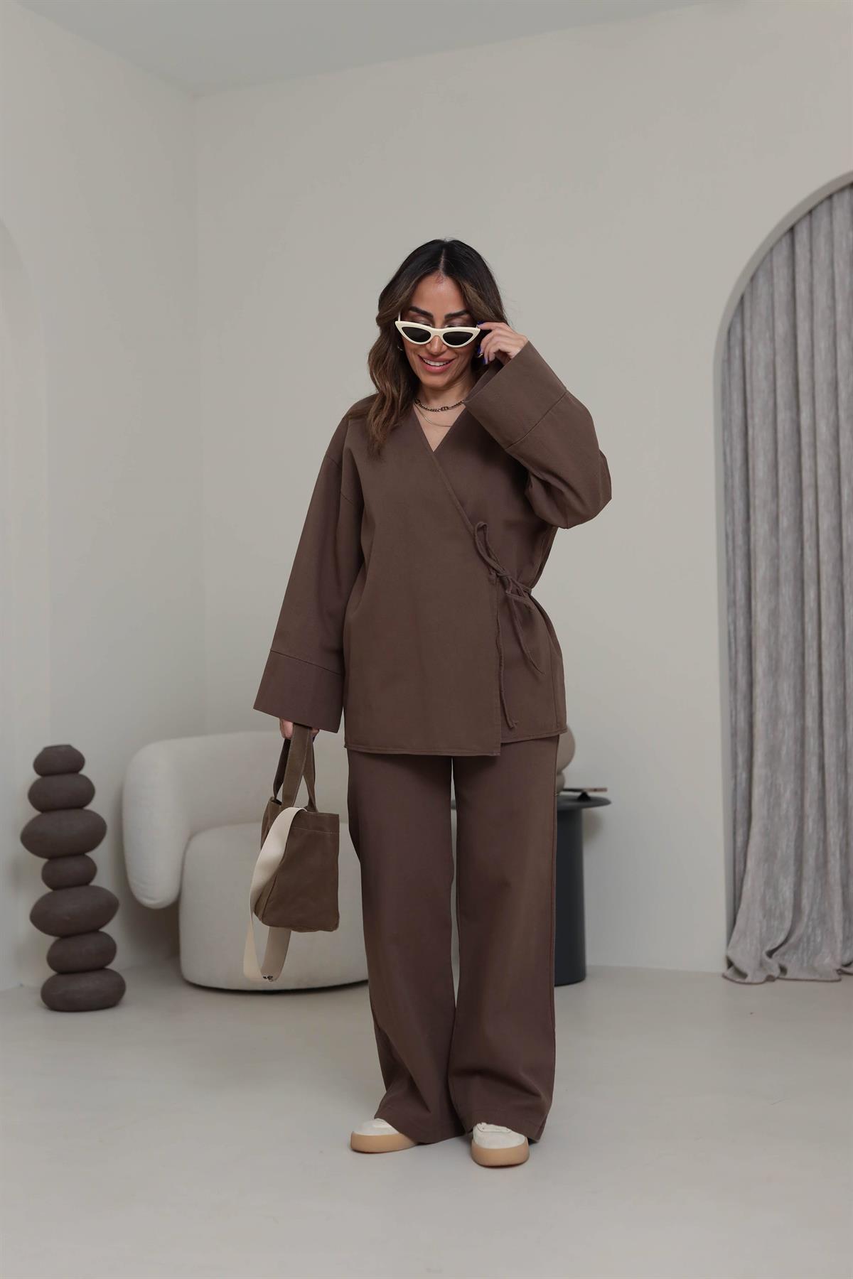 8629 Duble Kol Önden Bağlamalı Ceket & Pantolon Takım KAHVE
