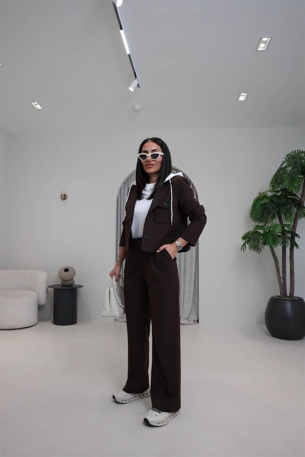 5904 Çıkarılabilir Kapşonlu Ceket Pantolon Takım KAHVE