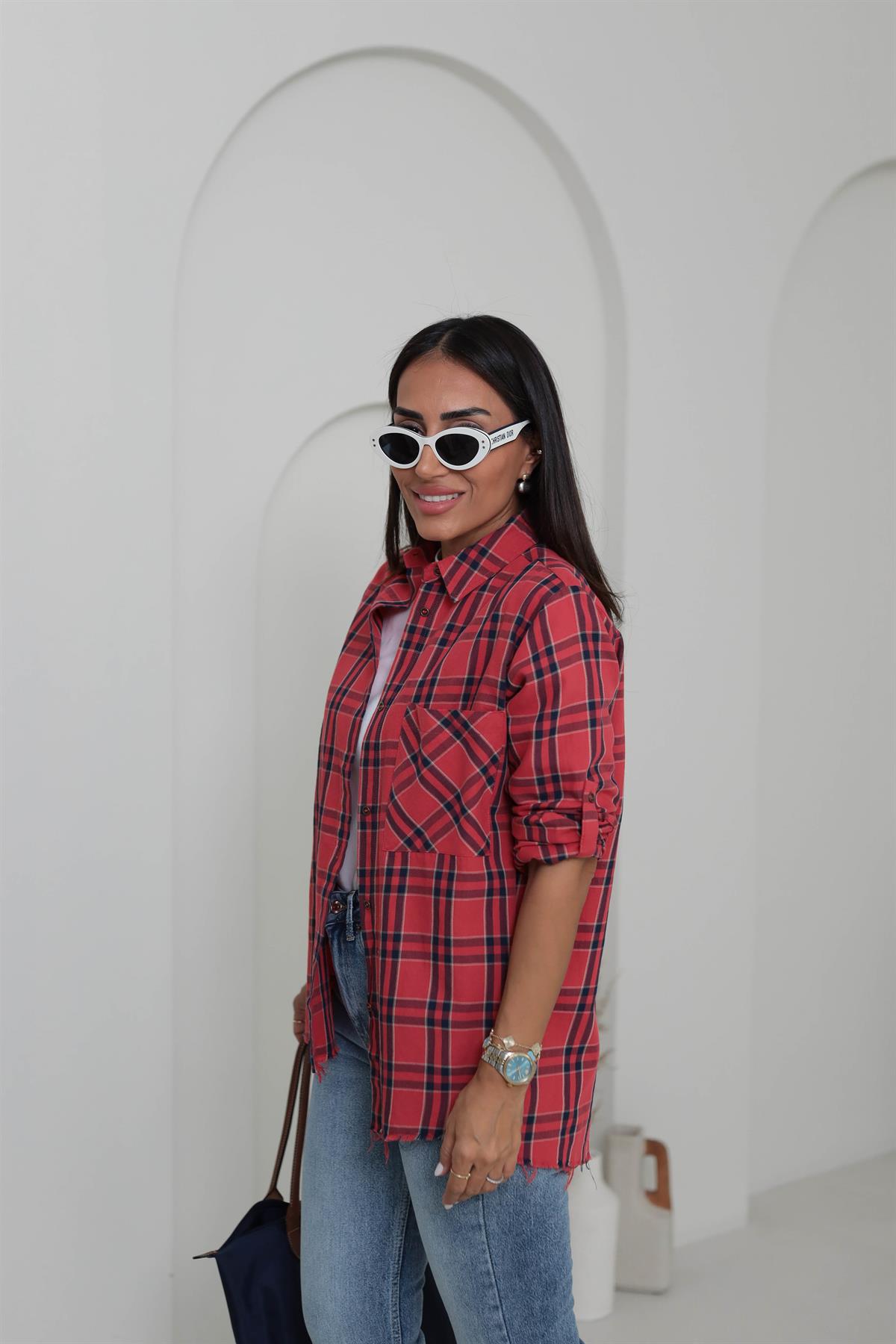 4691 Çizgili Ekose Koton Gömlek KIRMIZI