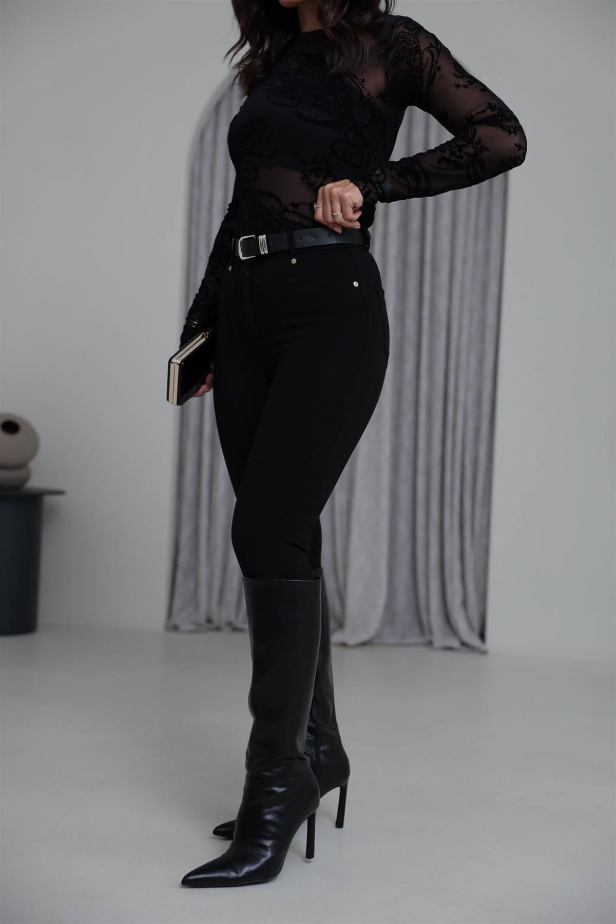 7004 Kemerli Çelik Tayt Pantolon SİYAH