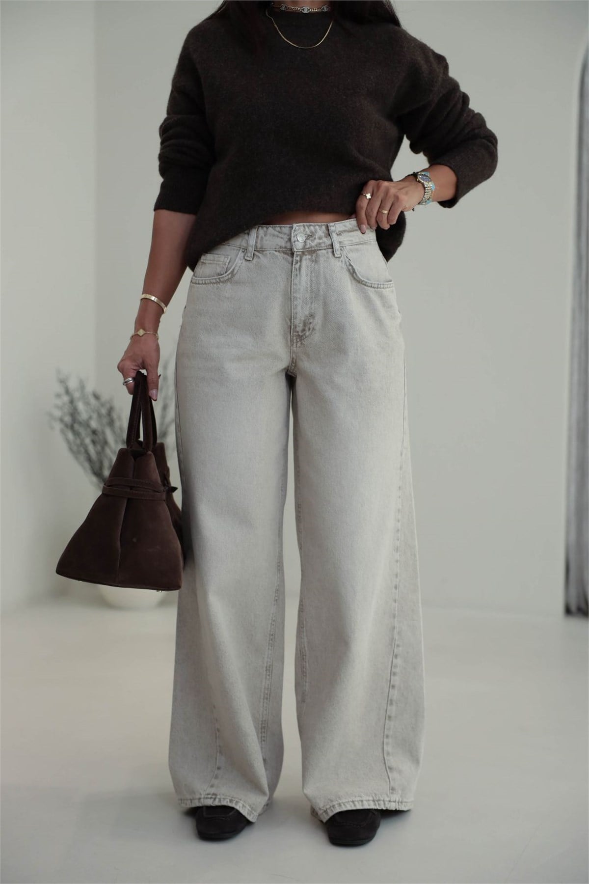 1020 Renk Yıkama Detaylı Wide Leg Denim Pantolon BEJ