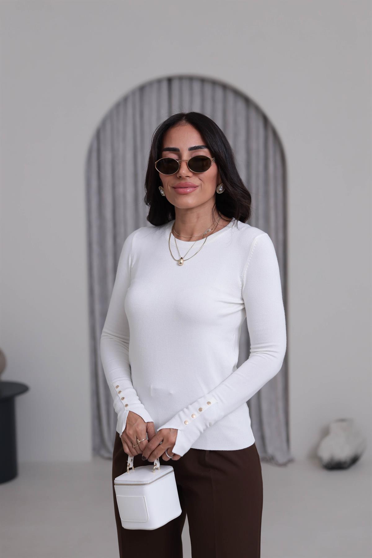 1267 Bisiklet Yaka Droplu Triko Kazak EKRU