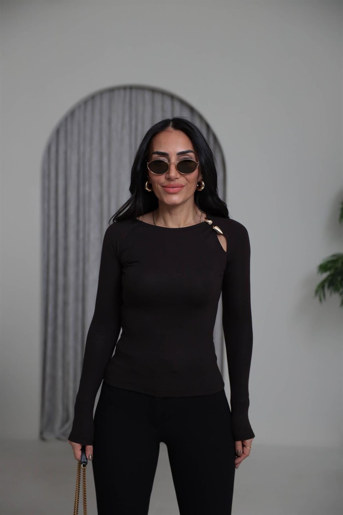 1063 Gold Aksesuarlı Modal Bluz ACI KAHVE